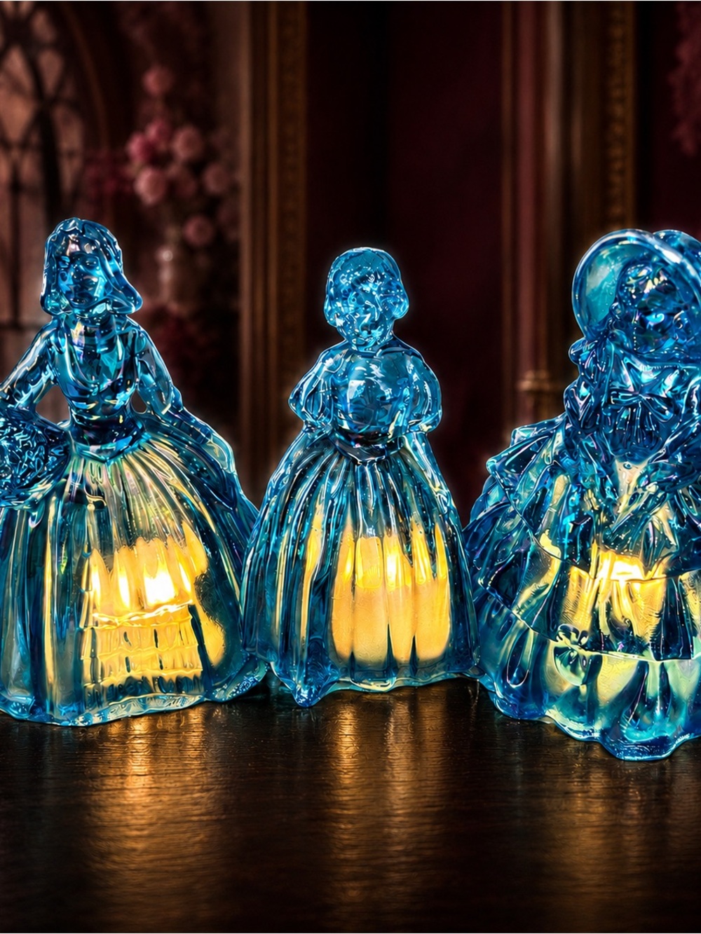 Vintage Wheaton Blue Carnival Glass Ladies Fairy Lamp Trio